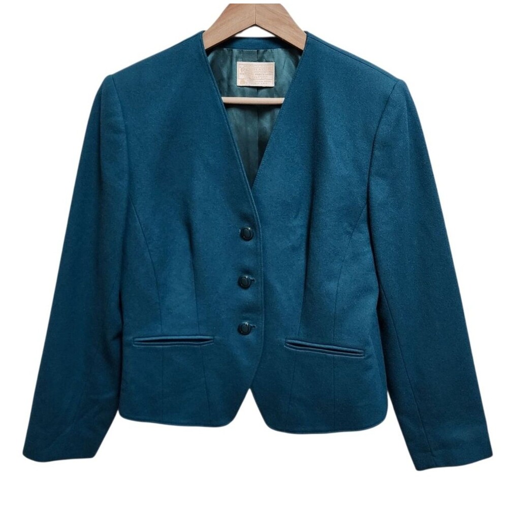 Vtg Pendleton Blazer Teal 100% Virgin Wool 3 Button Long Slv Women 10 USA Preppy